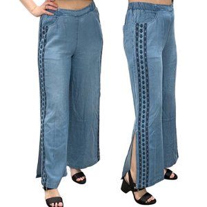 Soft Surroundings Calavera Embroidered Wide Leg Pants in Tulum Wash Chambray